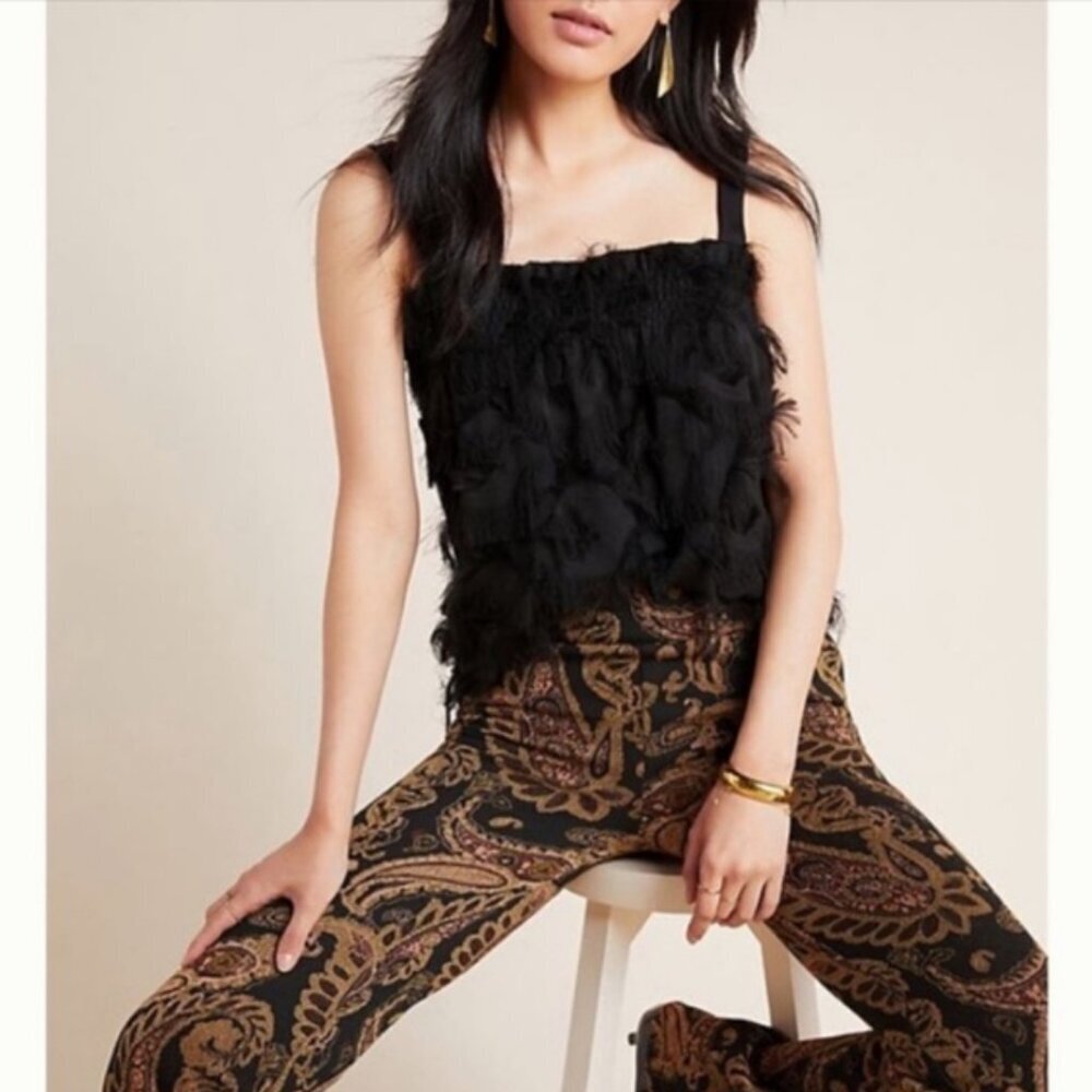 Anthropologie Waverly Grey Eyelash Feather Tank Top Blouse Fringe Black MEDIUM